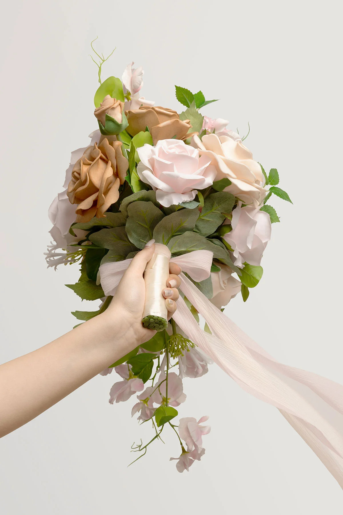 Small Cascade Bridal Bouquet in Powder Pink & Sand Beige - Image 6