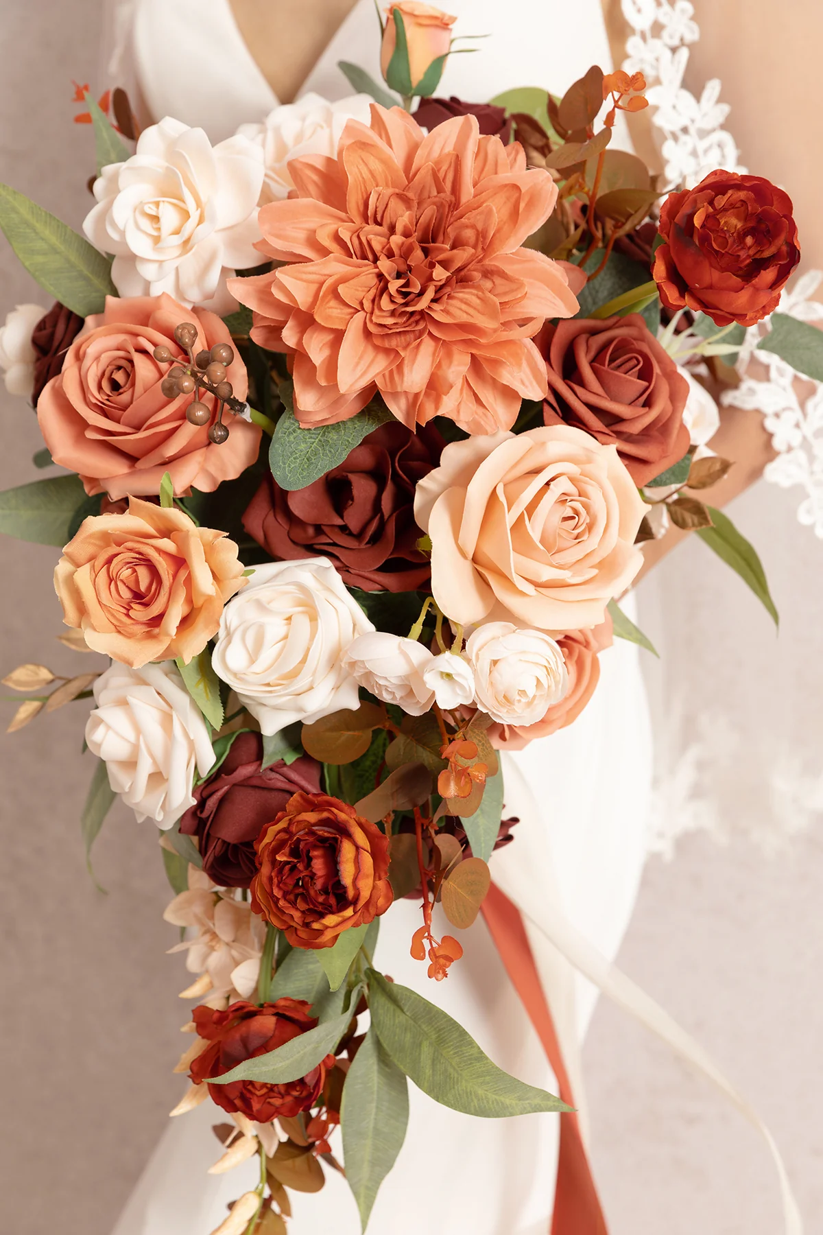 Small Cascade Bridal Bouquet in Terracotta & Cream - Image 5