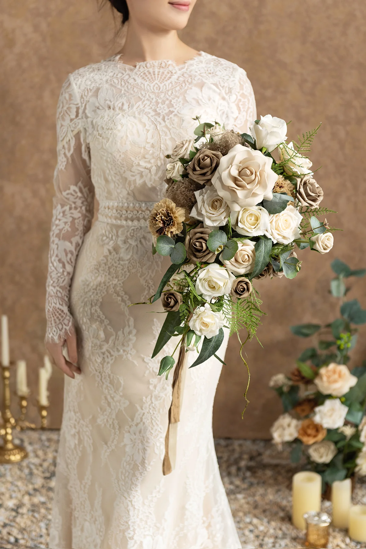 Small Cascade Bridal Bouquet in White & Beige | Clearance - Image 2