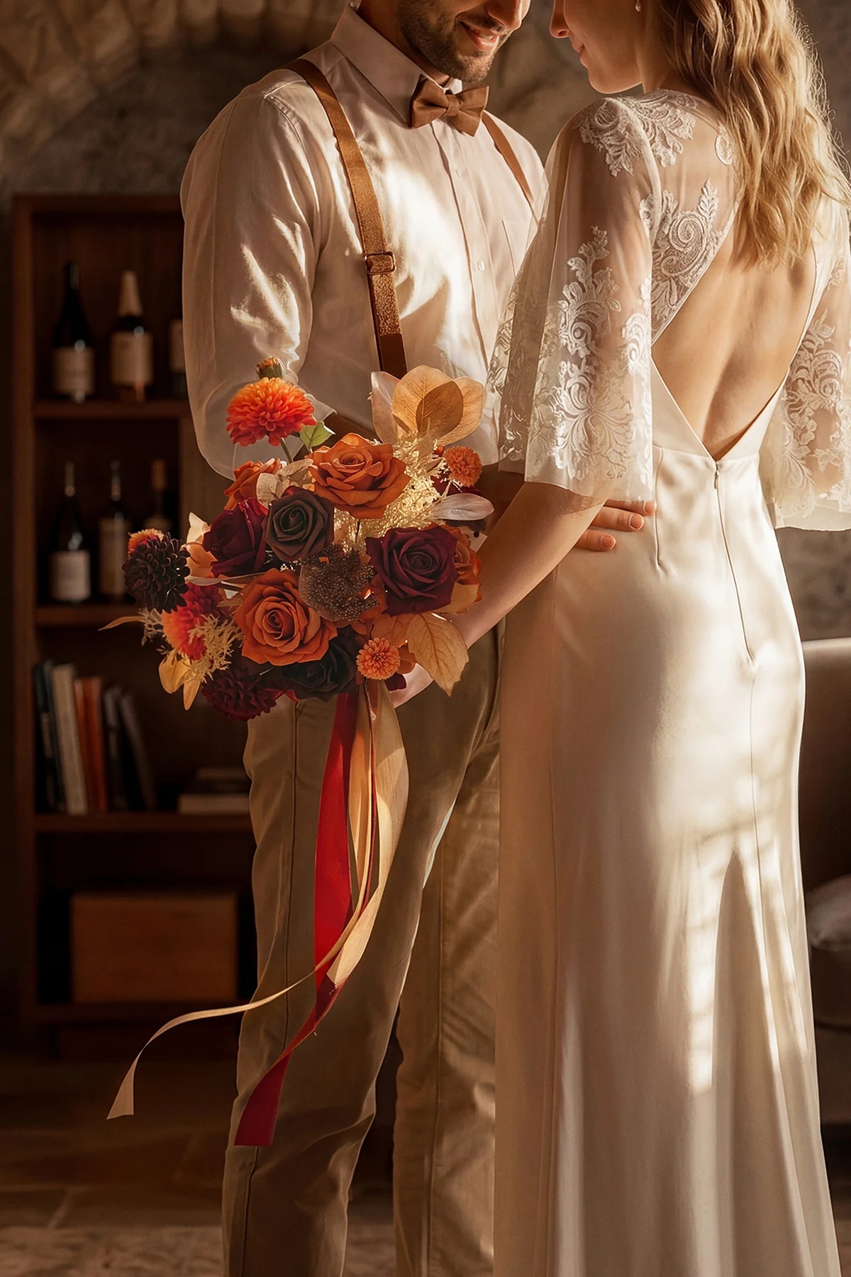 Small Free-Form Bridal Bouquet in Burgundy & Burnt Orange - Image 3