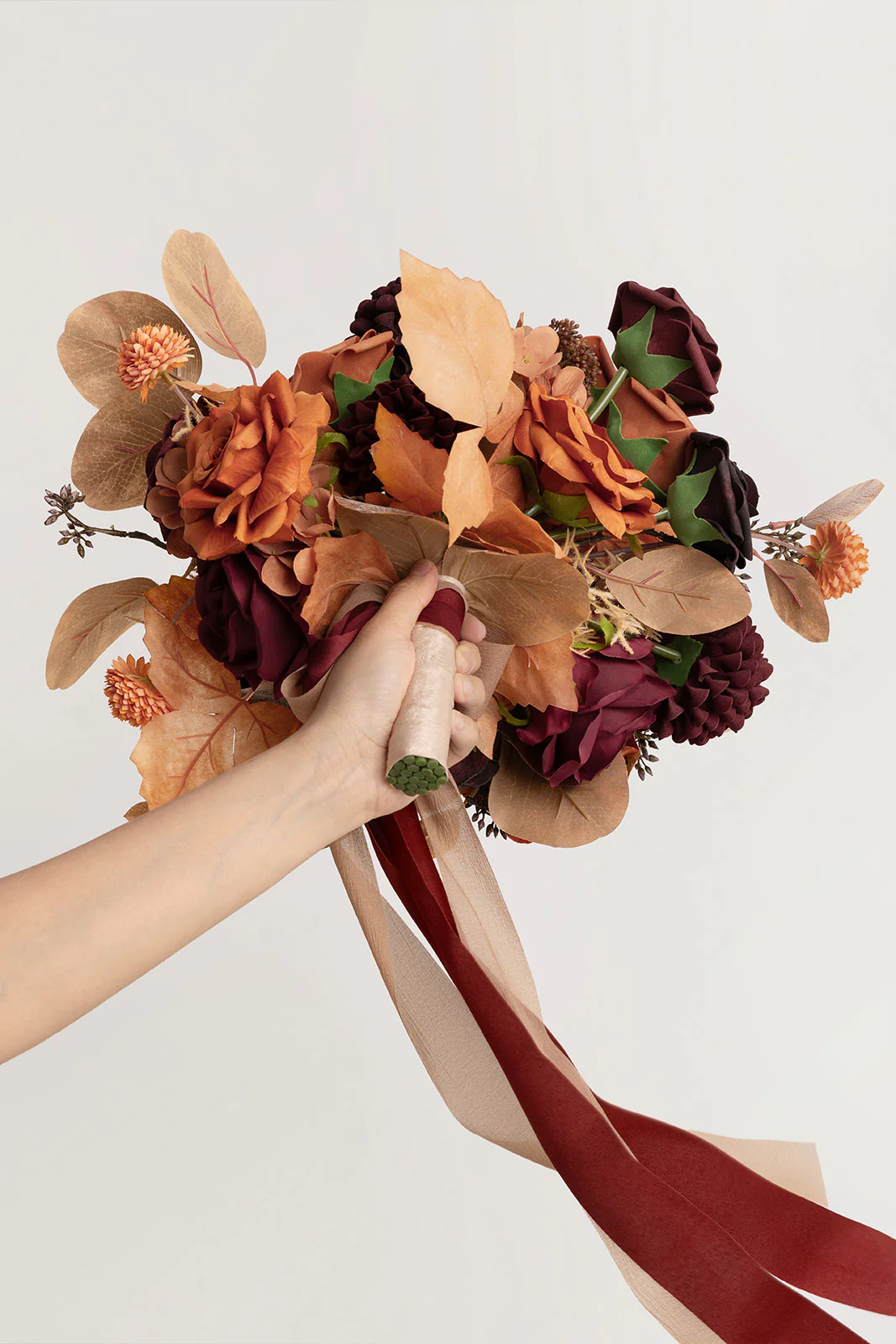 Small Free-Form Bridal Bouquet in Burgundy & Burnt Orange - Image 4