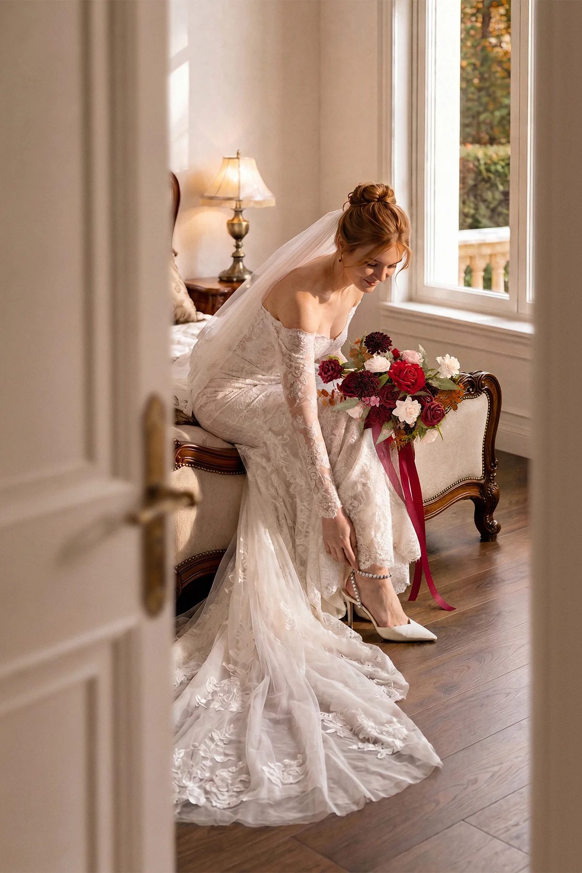 Small Free-Form Bridal Bouquet in Burgundy & Powder Pink - Image 3