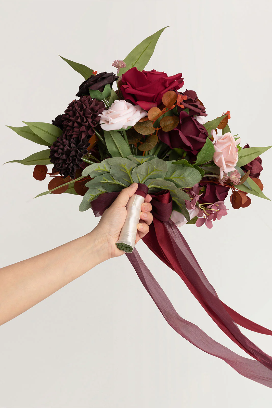 Small Free-Form Bridal Bouquet in Burgundy & Powder Pink - Image 4