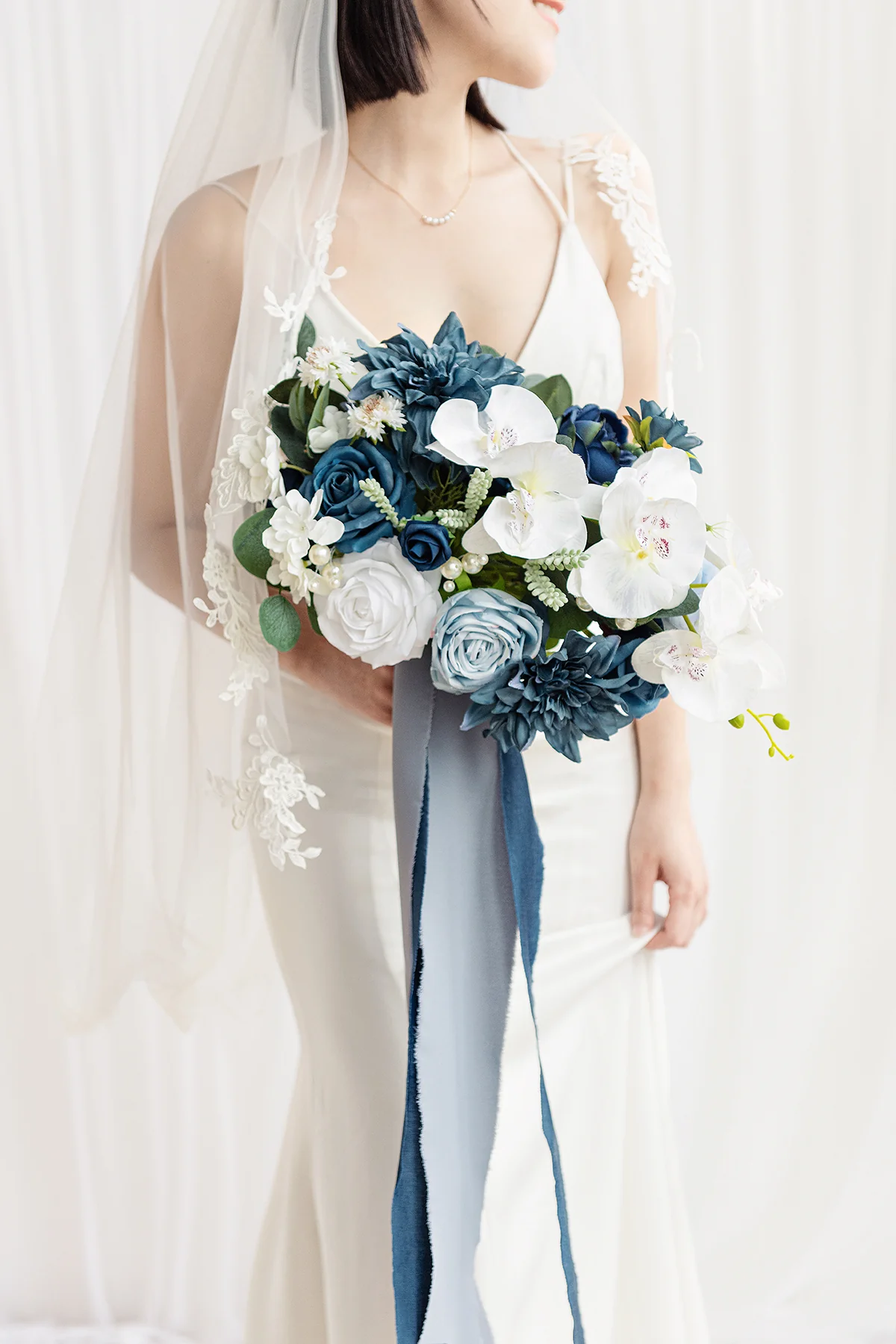 Small Free-Form Bridal Bouquet in Dusty Blue & Navy | Clearance - Image 2