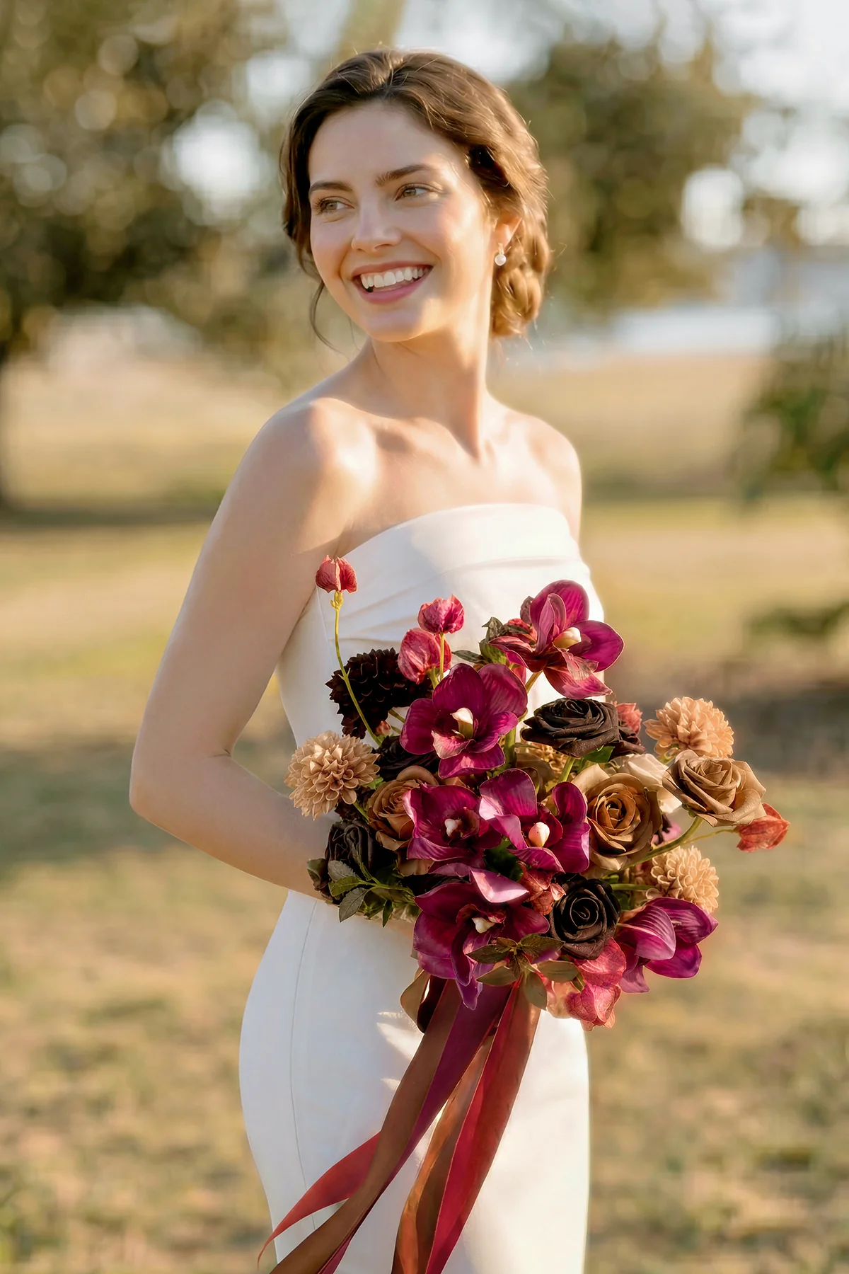 Small Free-Form Bridal Bouquet in Earth Brown & Black Baccara - Image 3