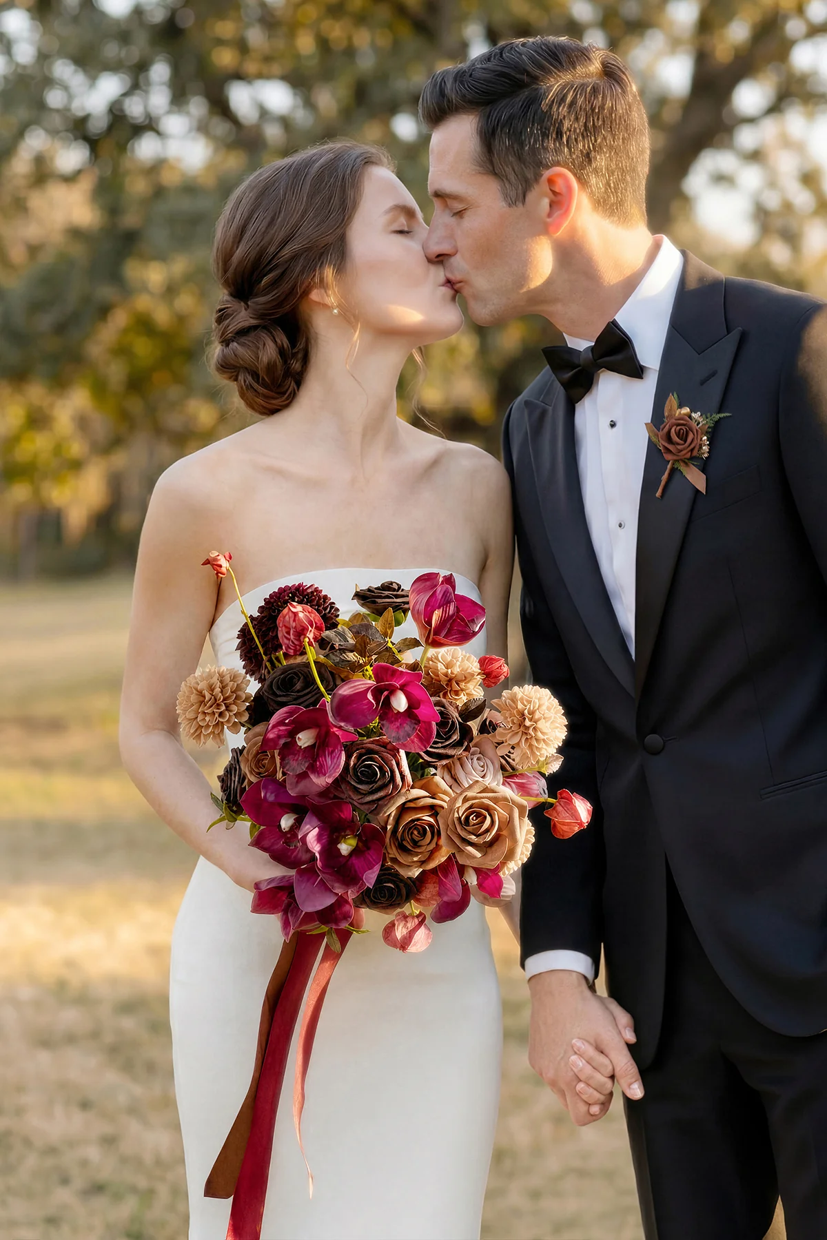 Small Free-Form Bridal Bouquet in Earth Brown & Black Baccara - Image 4