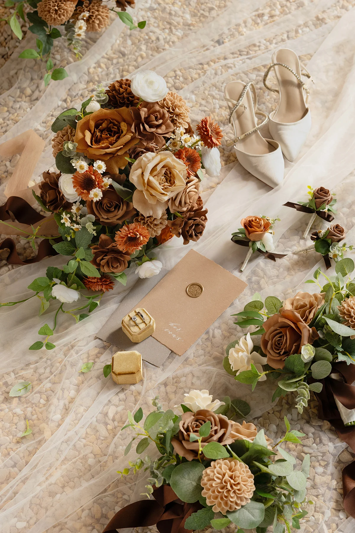 Small Free-Form Bridal Bouquet in Earth Brown & Sand Beige & Burnt Orange - Image 5