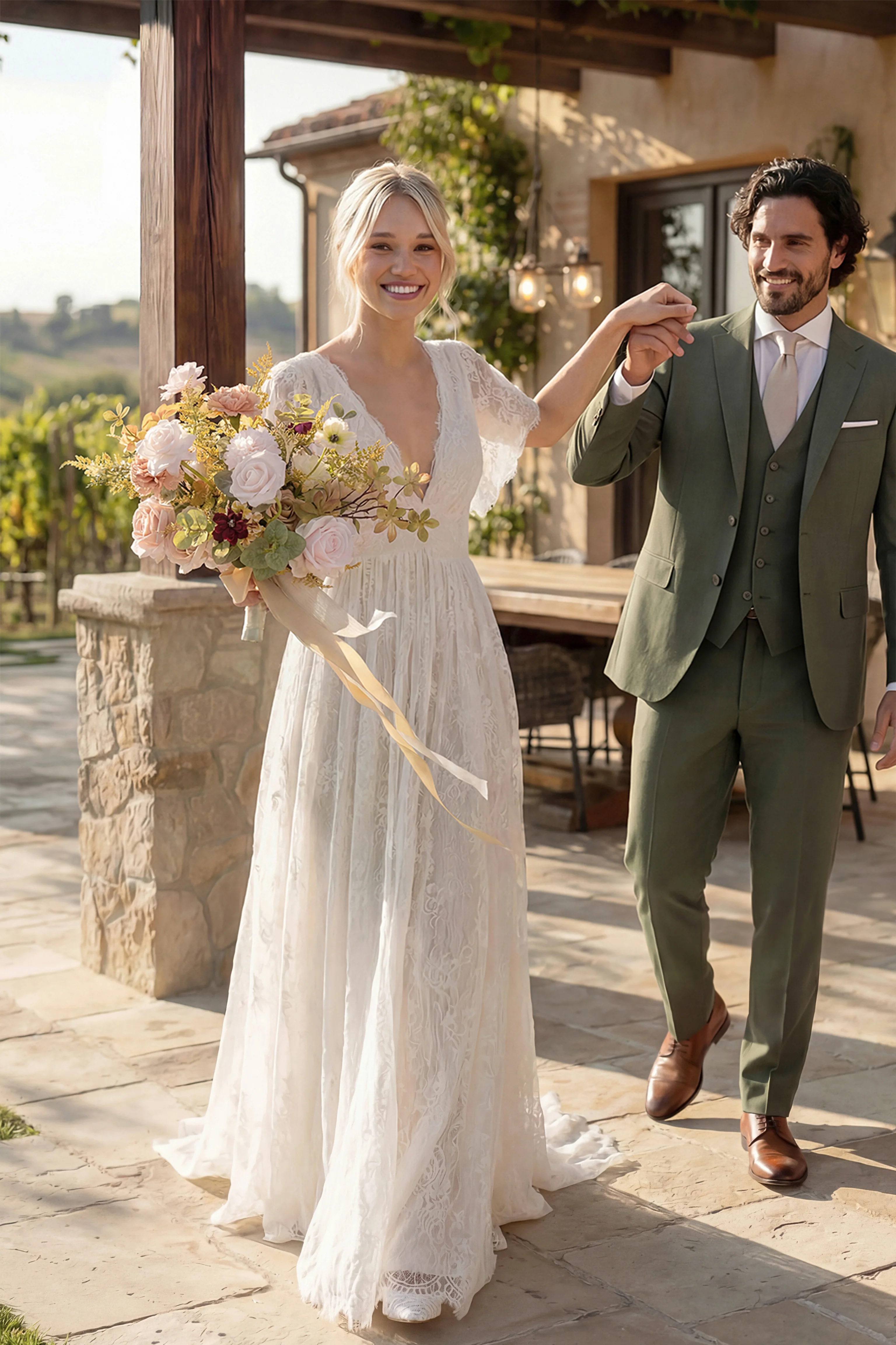 Small Free-Form Bridal Bouquet in Powder Pink & Olive Green | Clearance - Image 6