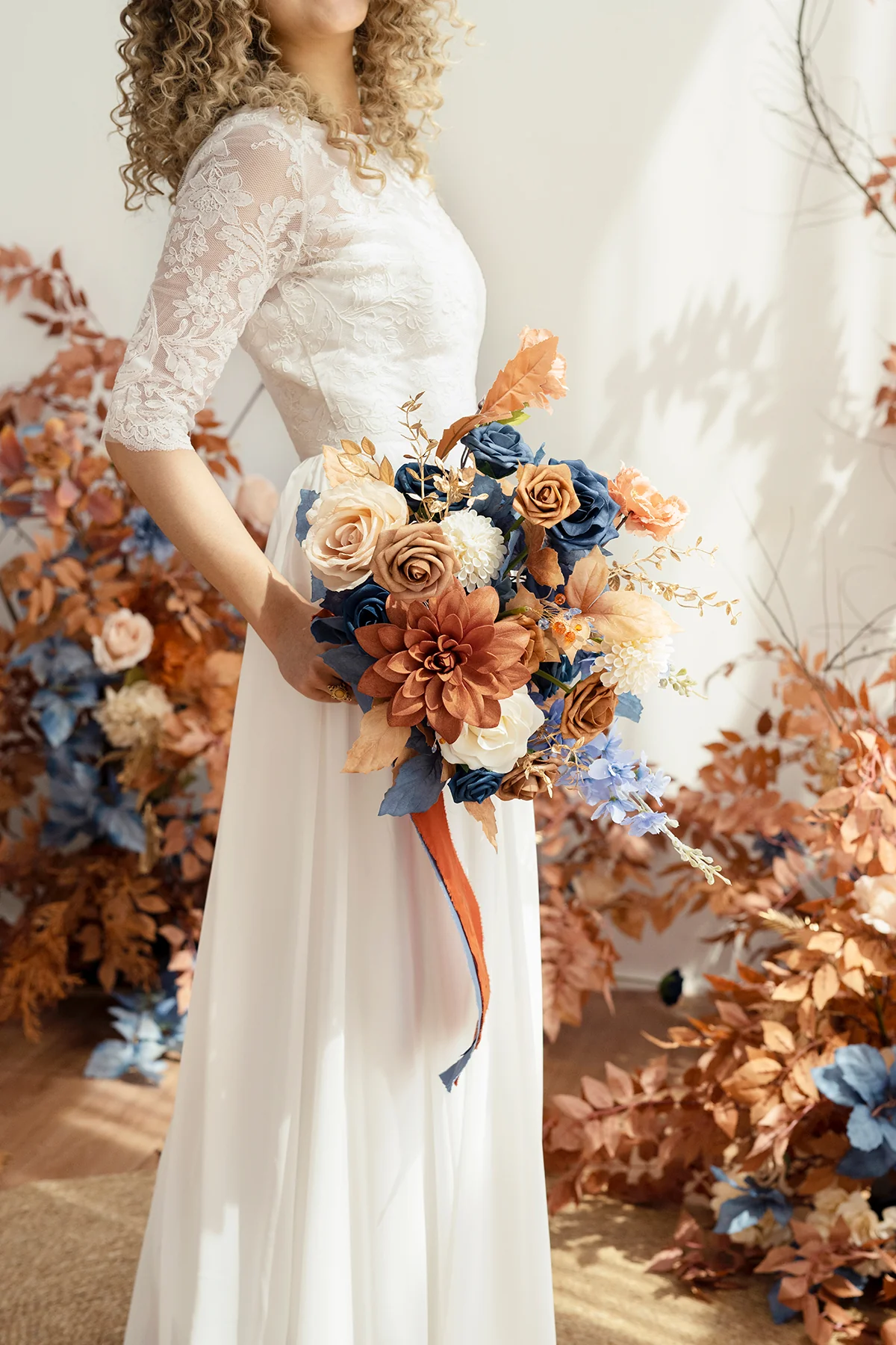 Small Free-Form Bridal Bouquet in Russet Orange & Denim Blue - Image 2
