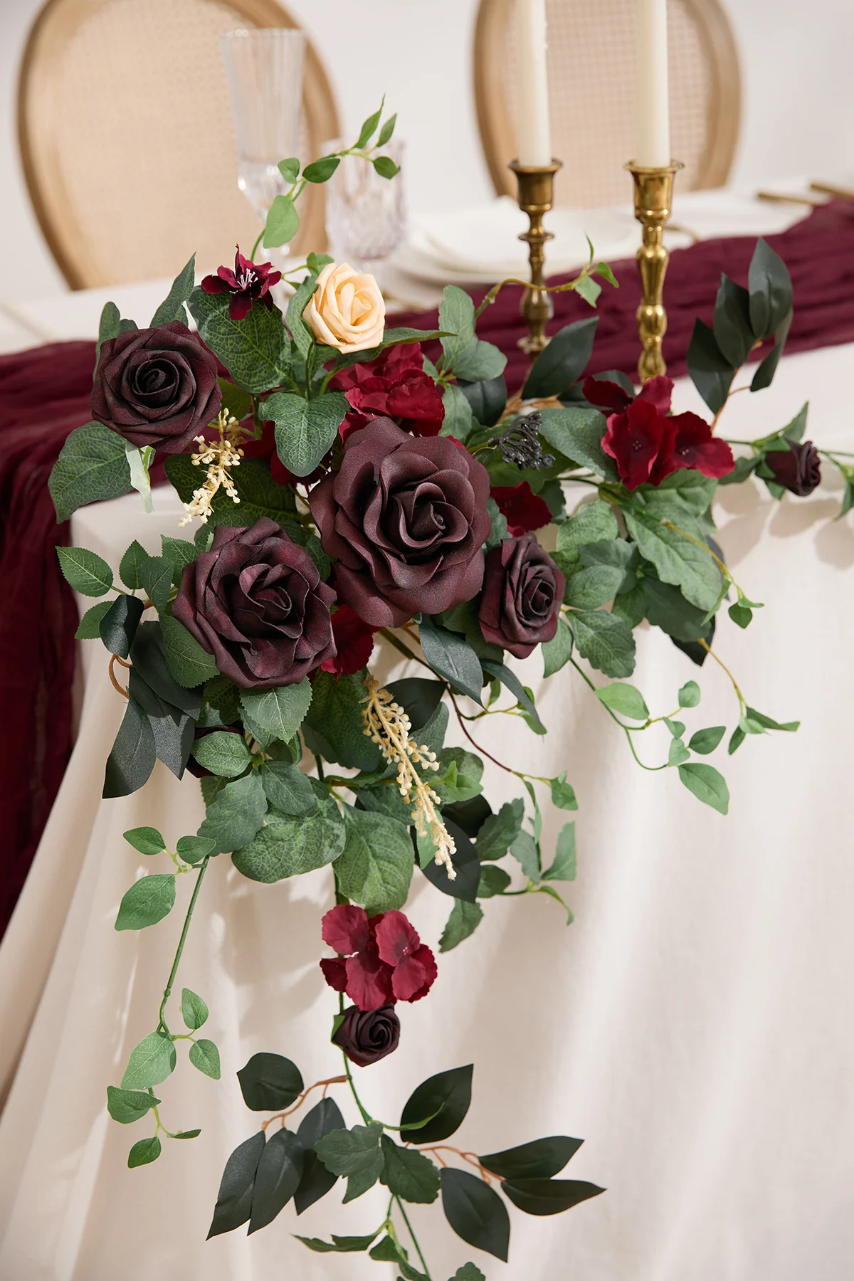 Sweetheart Table Floral Swags in Bordeaux Red & Wine - Image 4