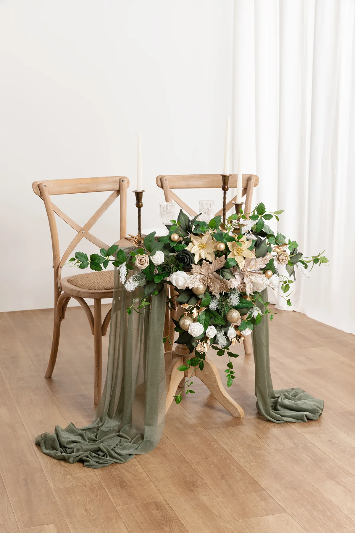 Sweetheart Table Floral Swags in Gilded White Christmas Wedding - Image 2