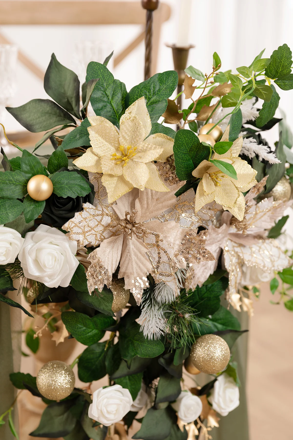 Sweetheart Table Floral Swags in Gilded White Christmas Wedding - Image 3