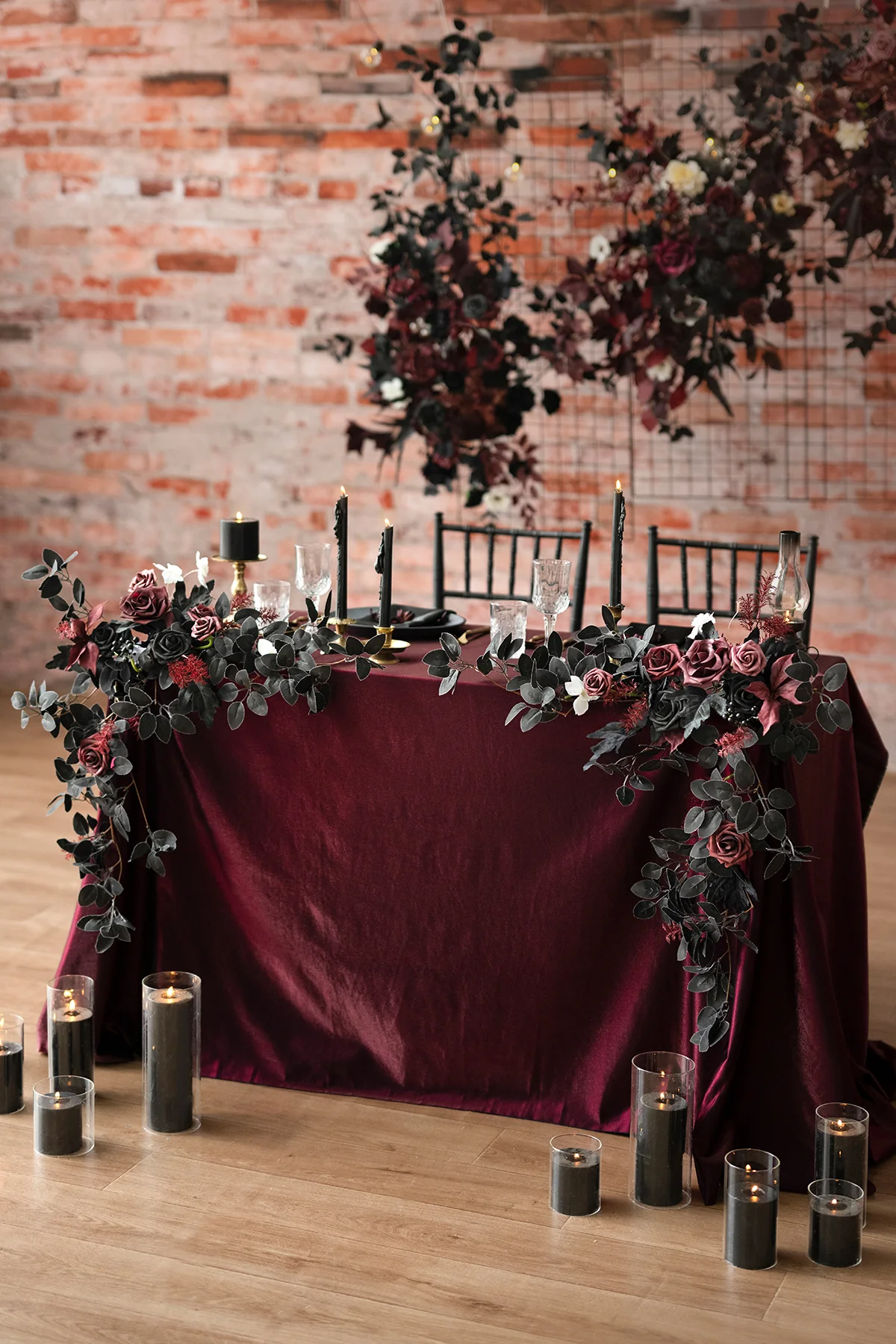 Sweetheart Table Floral Swags in Moody Burgundy & Black - Image 2
