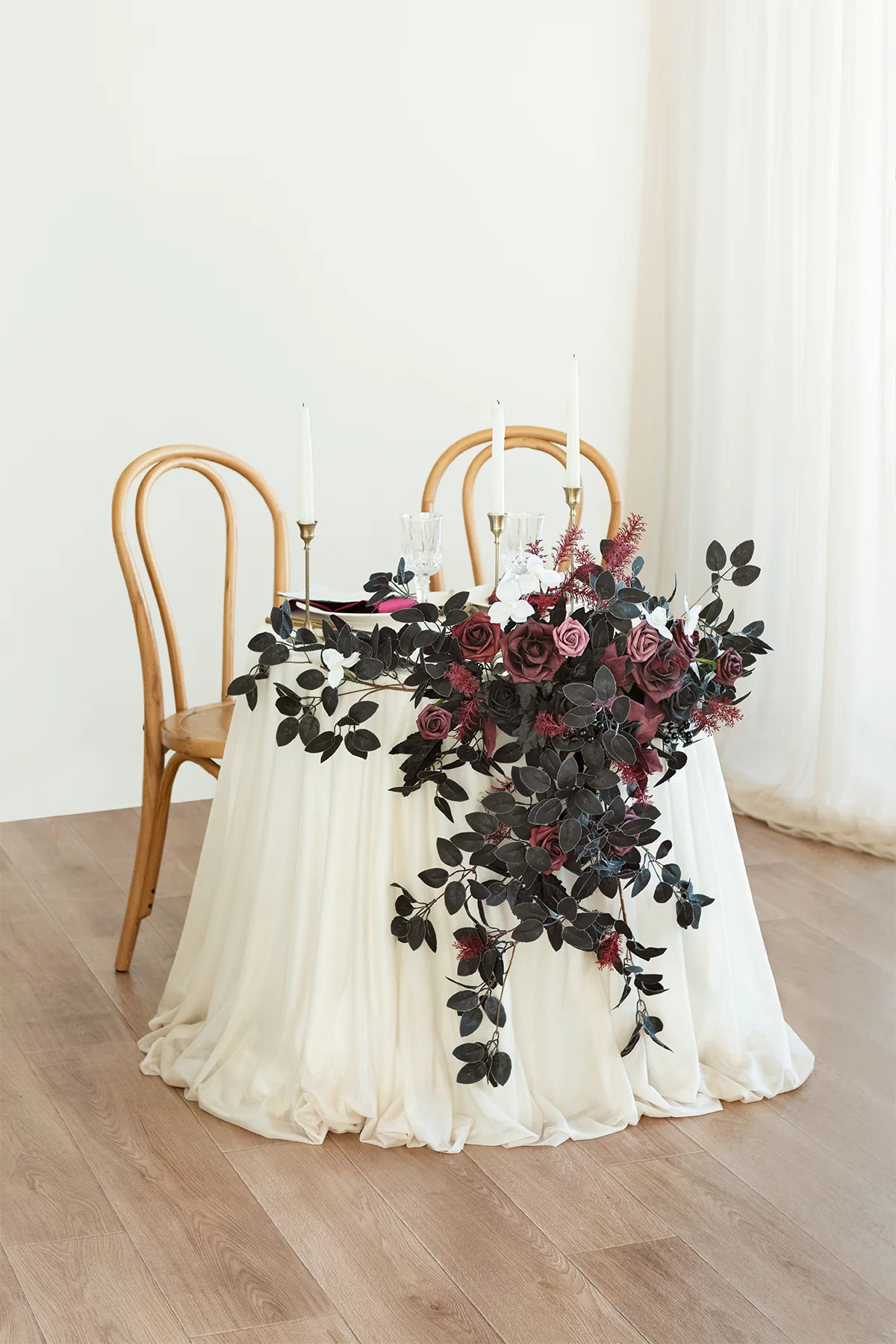 Sweetheart Table Floral Swags in Moody Burgundy & Black - Image 3
