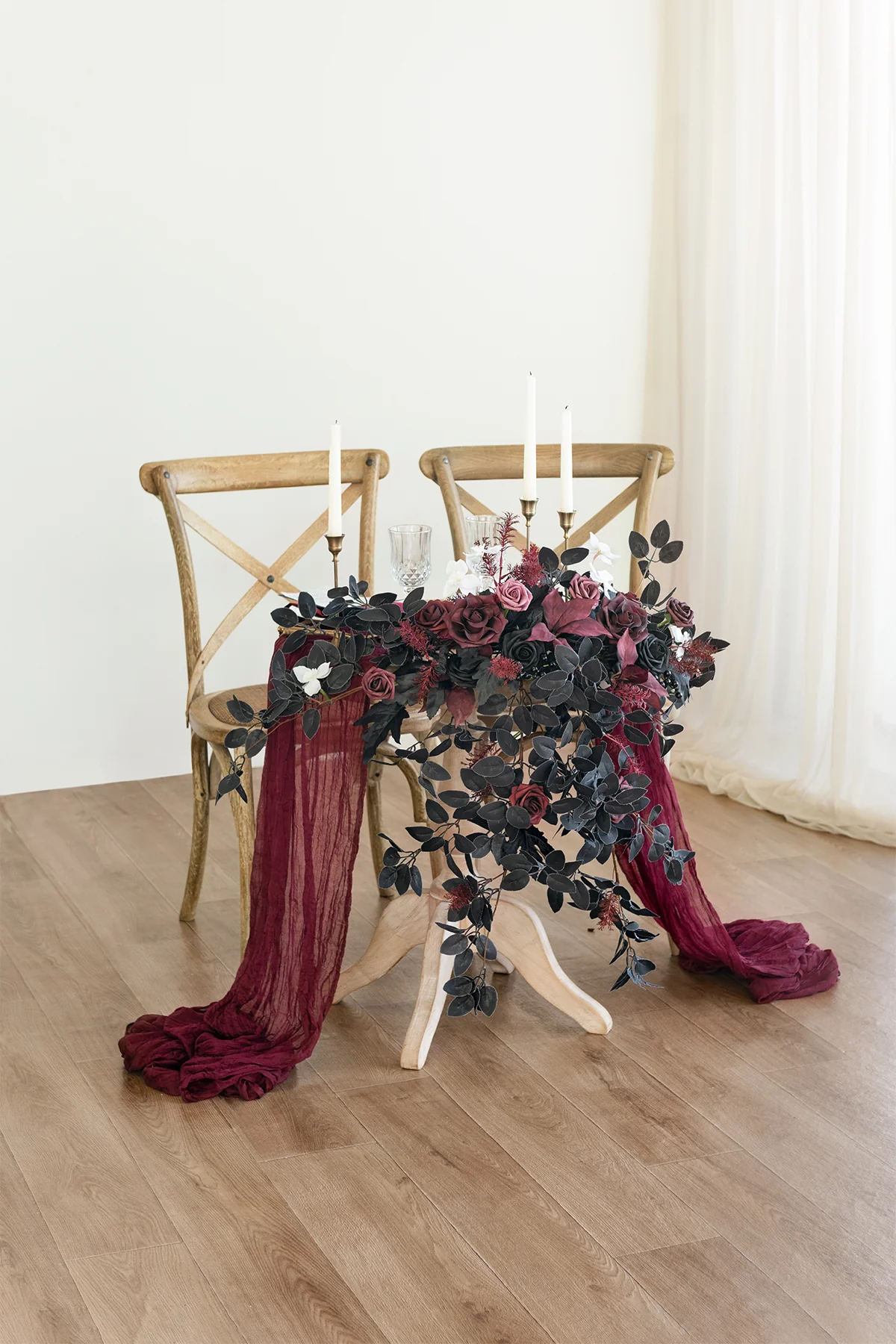 Sweetheart Table Floral Swags in Moody Burgundy & Black - Image 4
