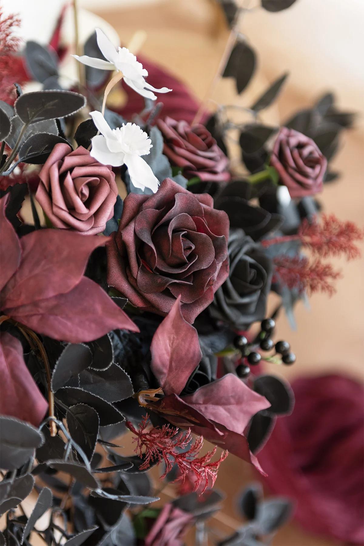 Sweetheart Table Floral Swags in Moody Burgundy & Black - Image 5