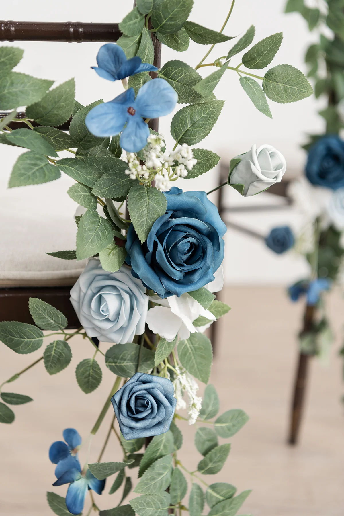 Wedding Aisle Chair Flower Decoration in Dusty Blue & Navy | Clearance - Image 4