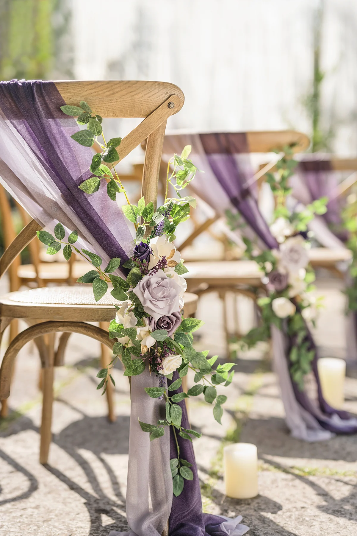 Wedding Aisle Chair Flower Decoration in Lilac & Gold - Image 7