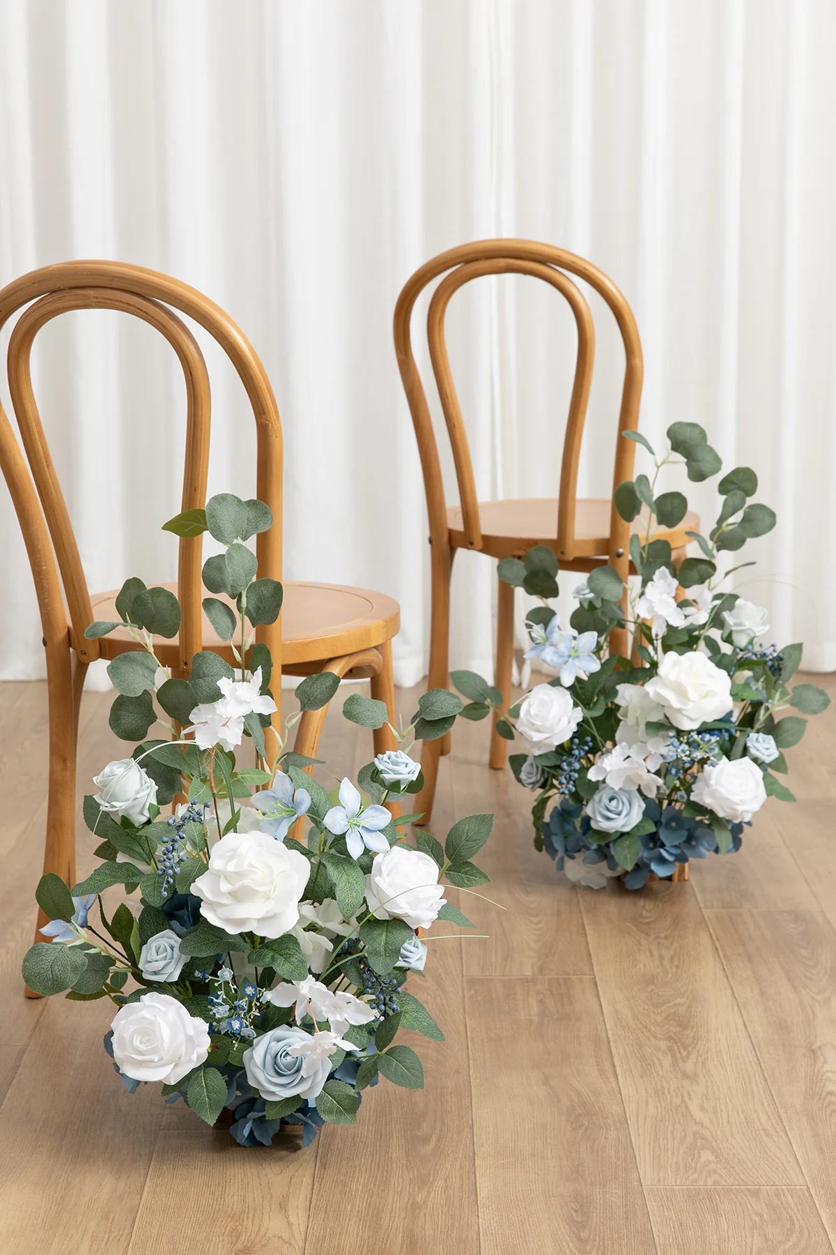 Wedding Aisle Runner Flower Arrangement in Dusty Blue & White - Image 3