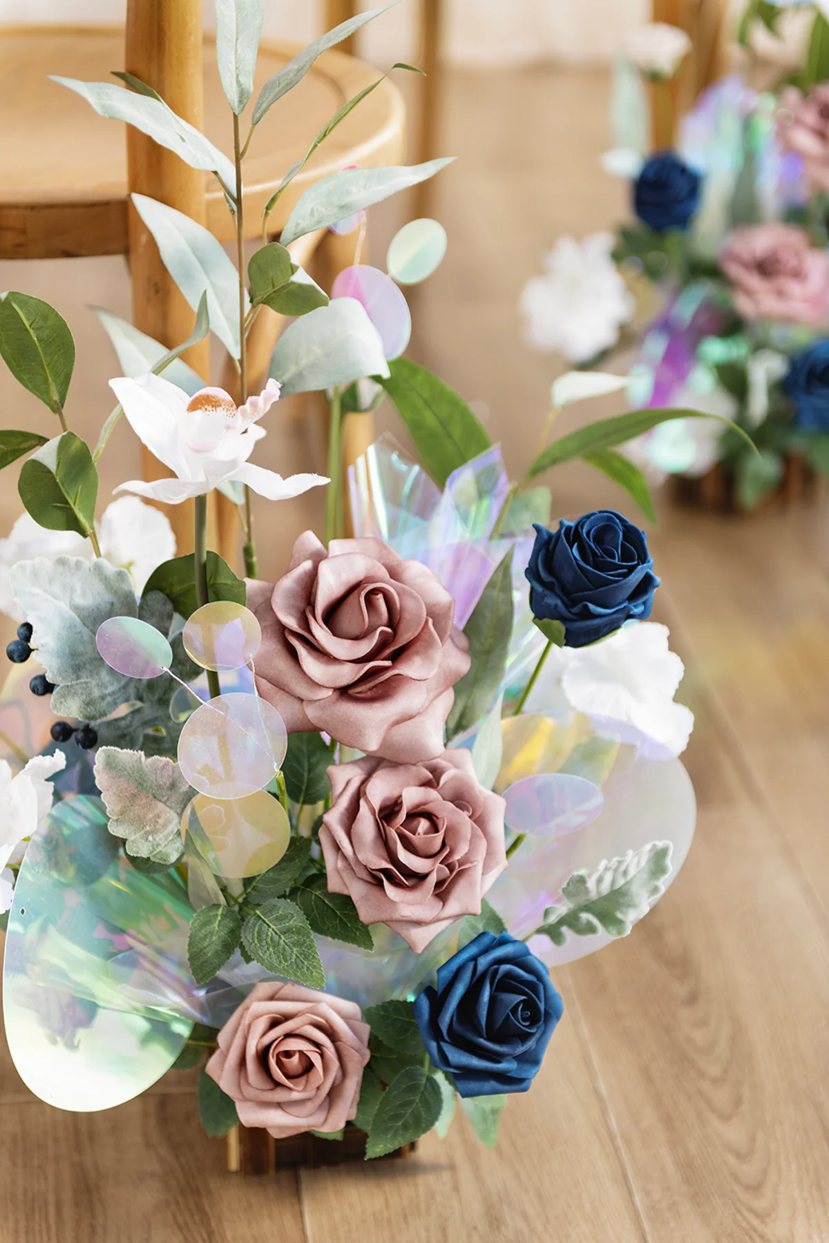 Wedding Aisle Runner Flower Arrangements in Dusty Rose & Navy - Image 12