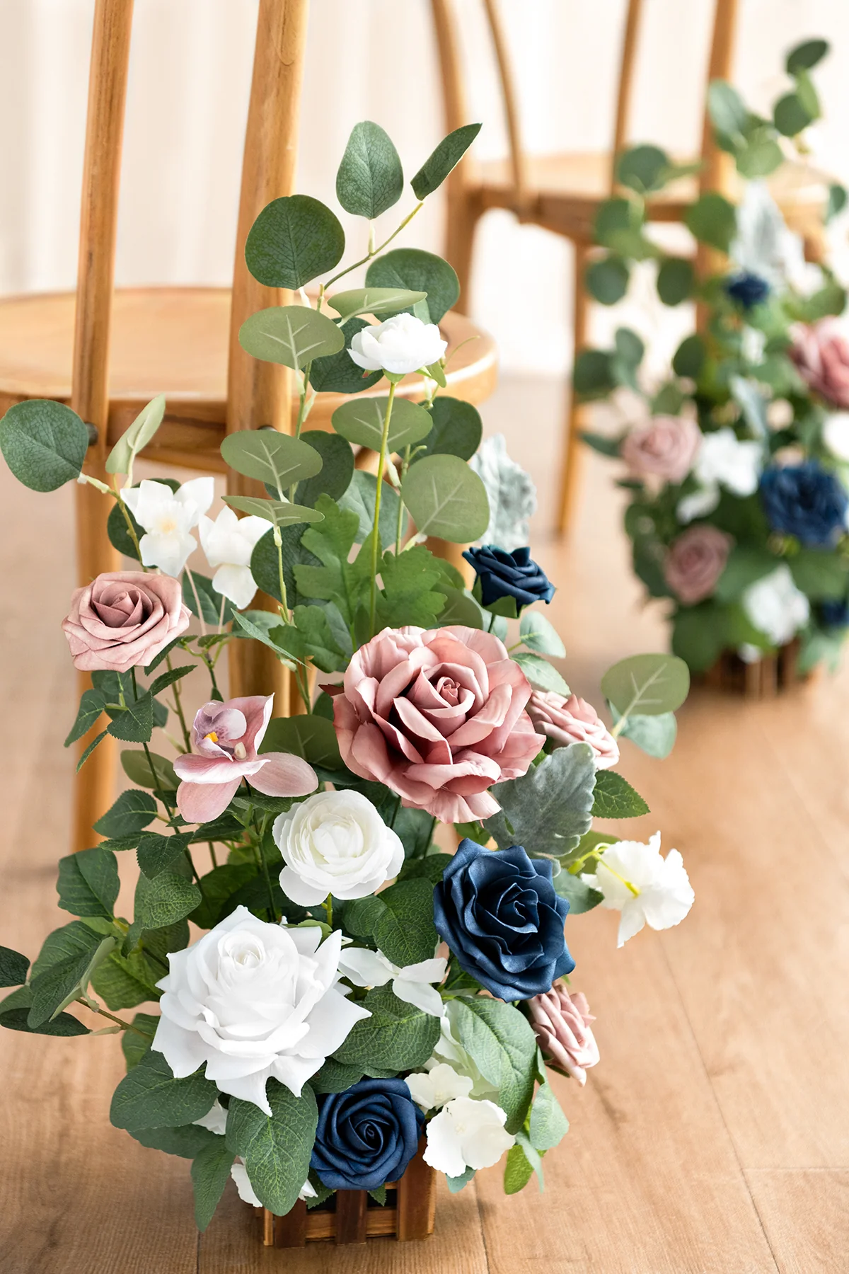 Wedding Aisle Runner Flower Arrangements in Dusty Rose & Navy - Image 3