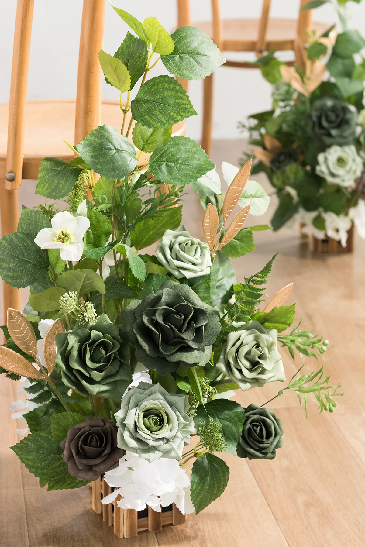 Wedding Aisle Runner Flower Arrangements in Forest Green & Gold | Clearance - Image 4