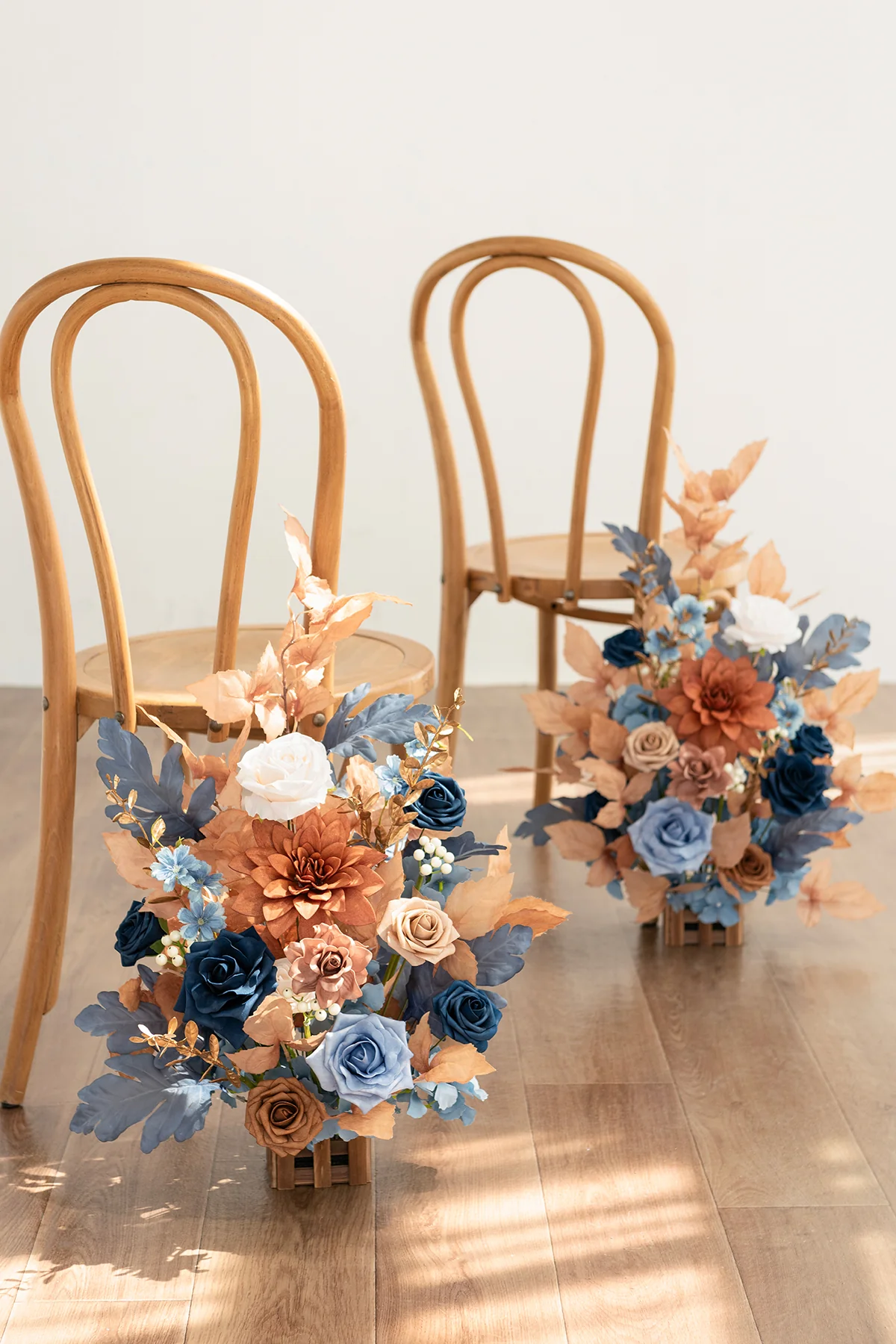 Wedding Aisle Runner Flower Arrangements in Russet Orange & Denim Blue | Clearance