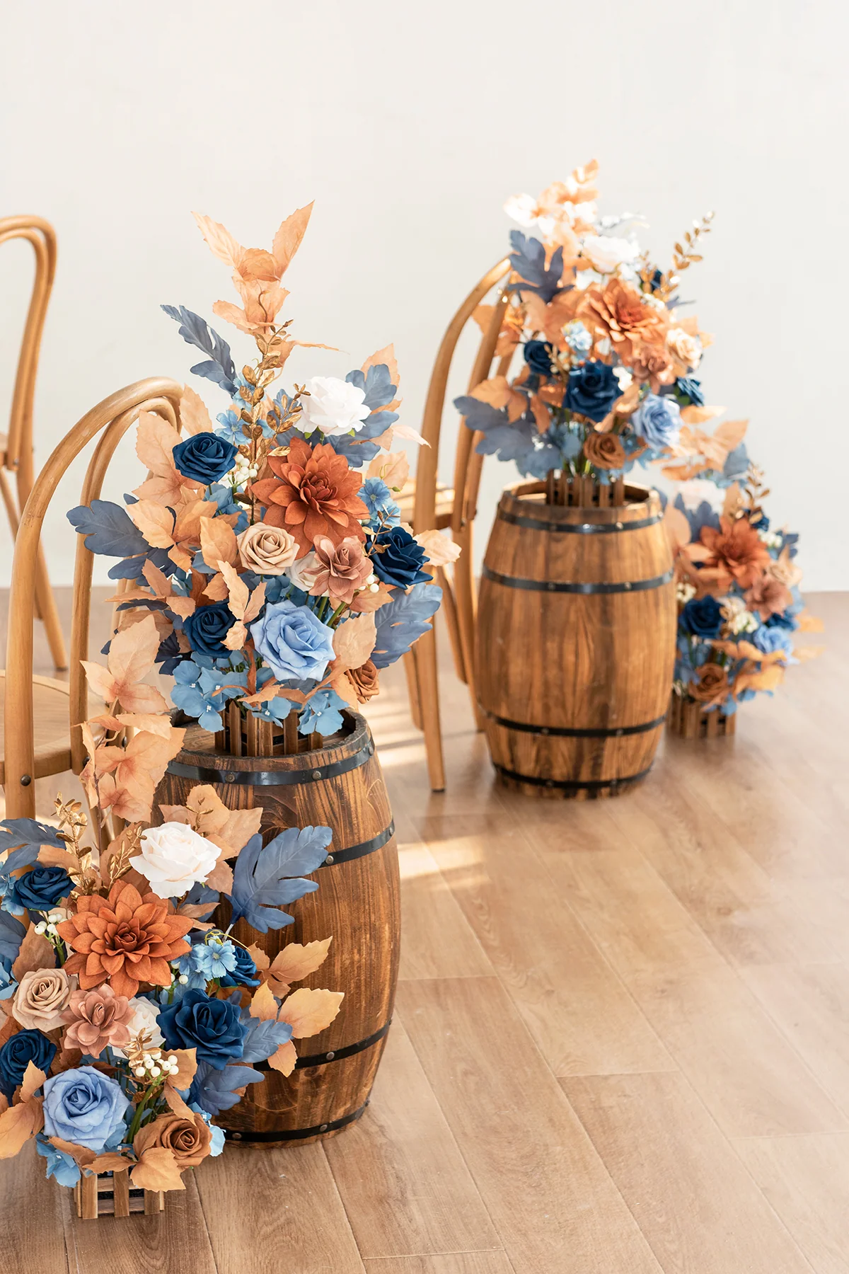 Wedding Aisle Runner Flower Arrangements in Russet Orange & Denim Blue | Clearance - Image 2