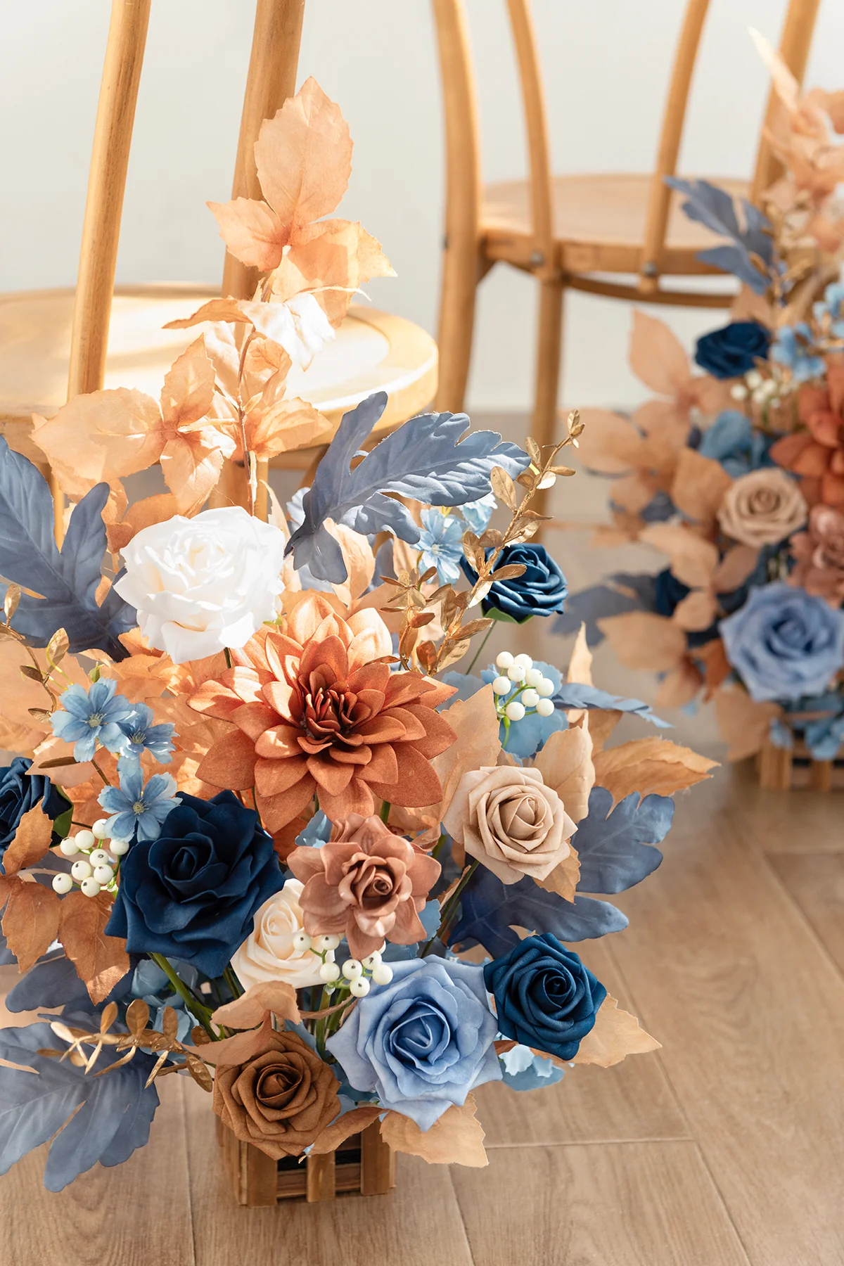Wedding Aisle Runner Flower Arrangements in Russet Orange & Denim Blue | Clearance - Image 3