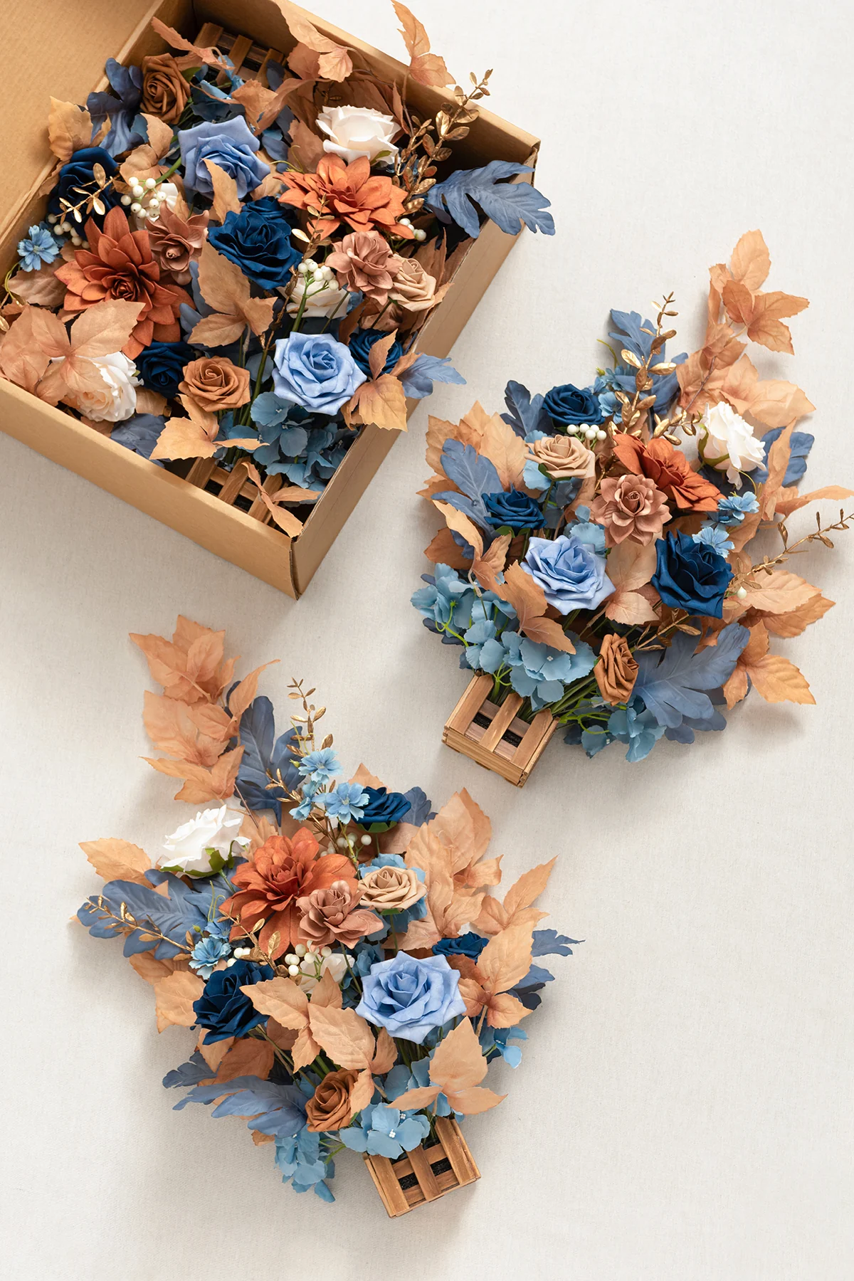 Wedding Aisle Runner Flower Arrangements in Russet Orange & Denim Blue | Clearance - Image 5
