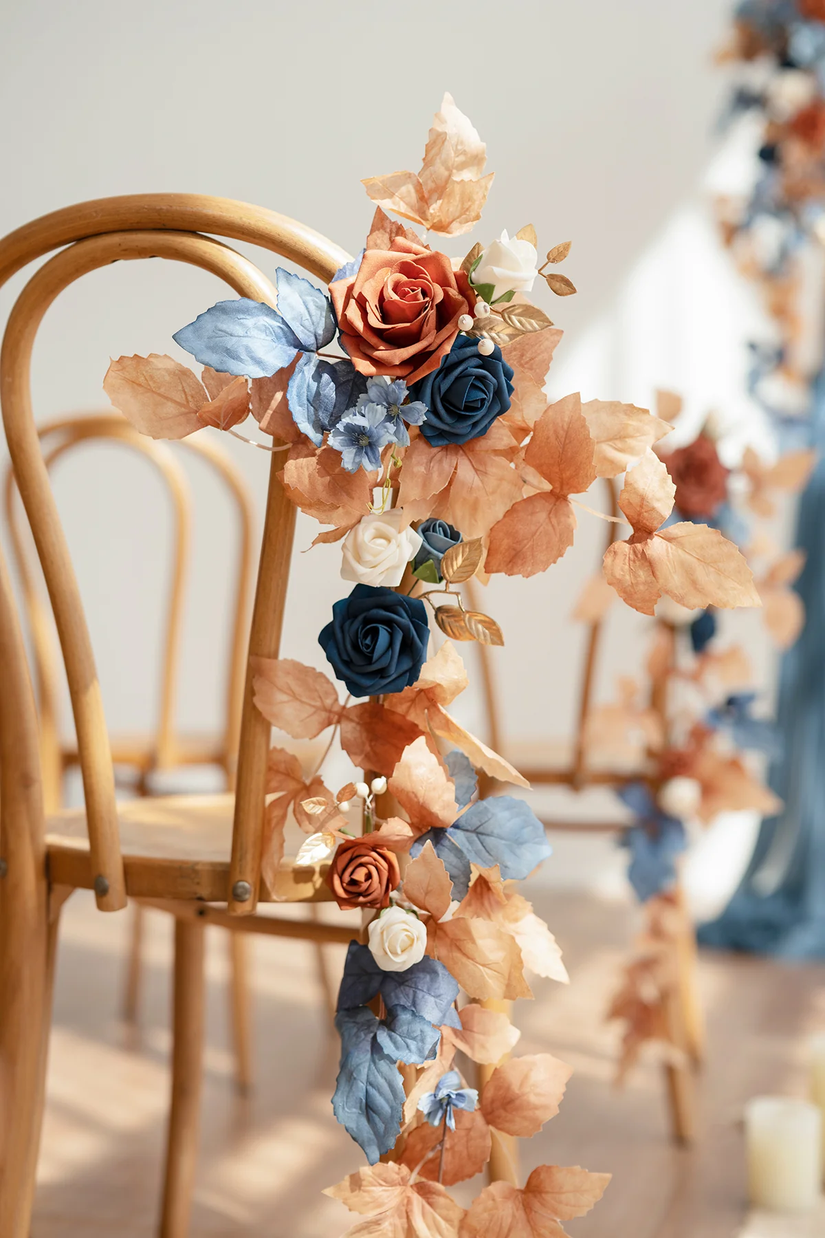 Wedding Hanging Chair Back Decoration in Russet Orange & Denim Blue - Image 3