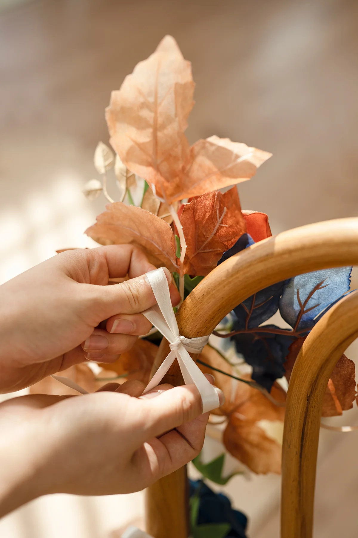 Wedding Hanging Chair Back Decoration in Russet Orange & Denim Blue - Image 4