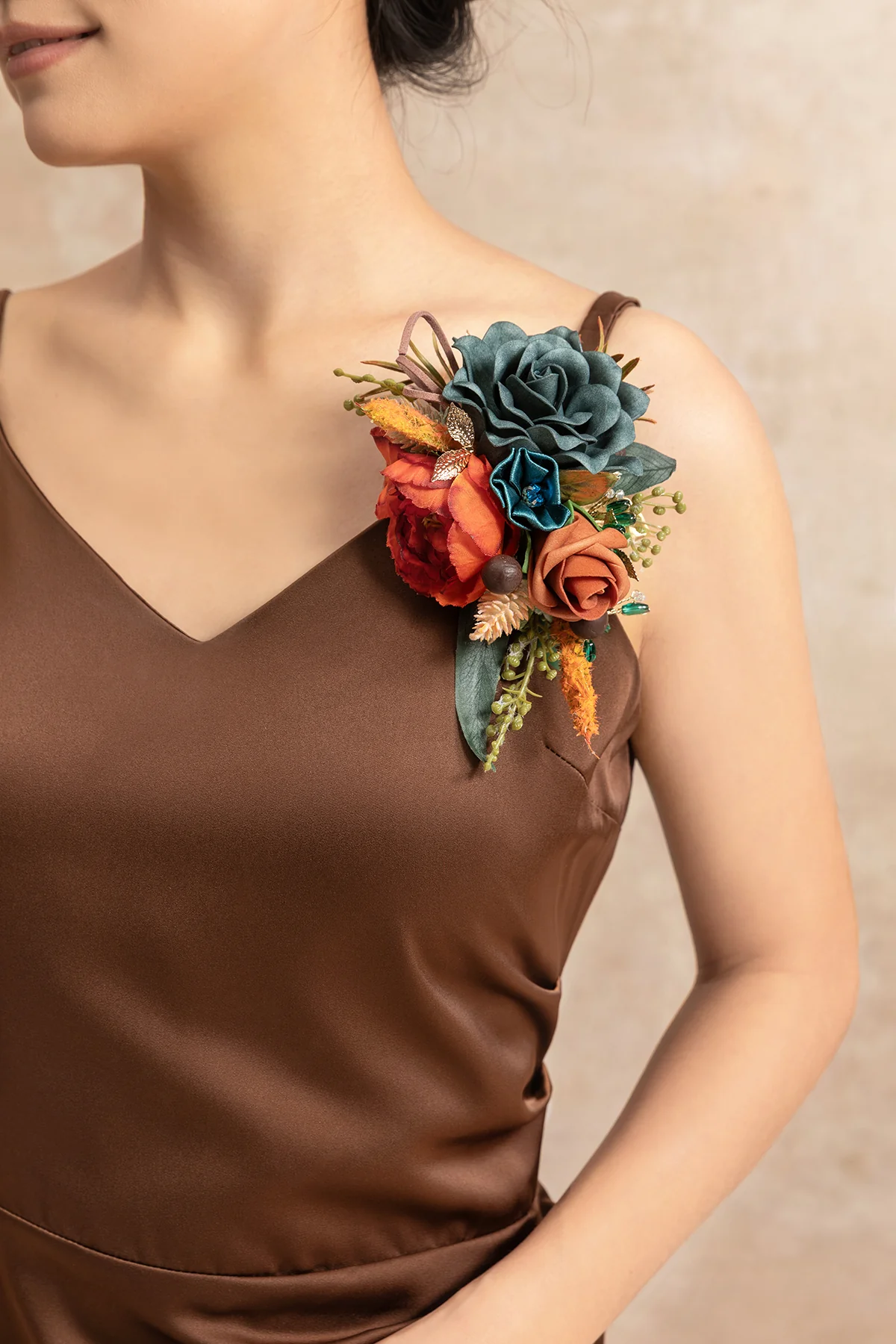 Wrist and Shoulder Corsages in Dark Teal & Burnt Orange (Set of 2) - Image 4