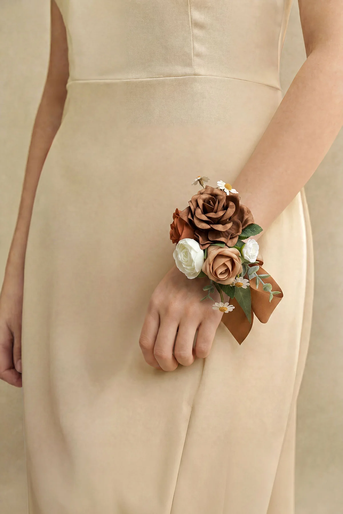 Wrist and Shoulder Corsages in Earth Brown & Burnt Orange & Sand Beige (Set of 2) - Image 4