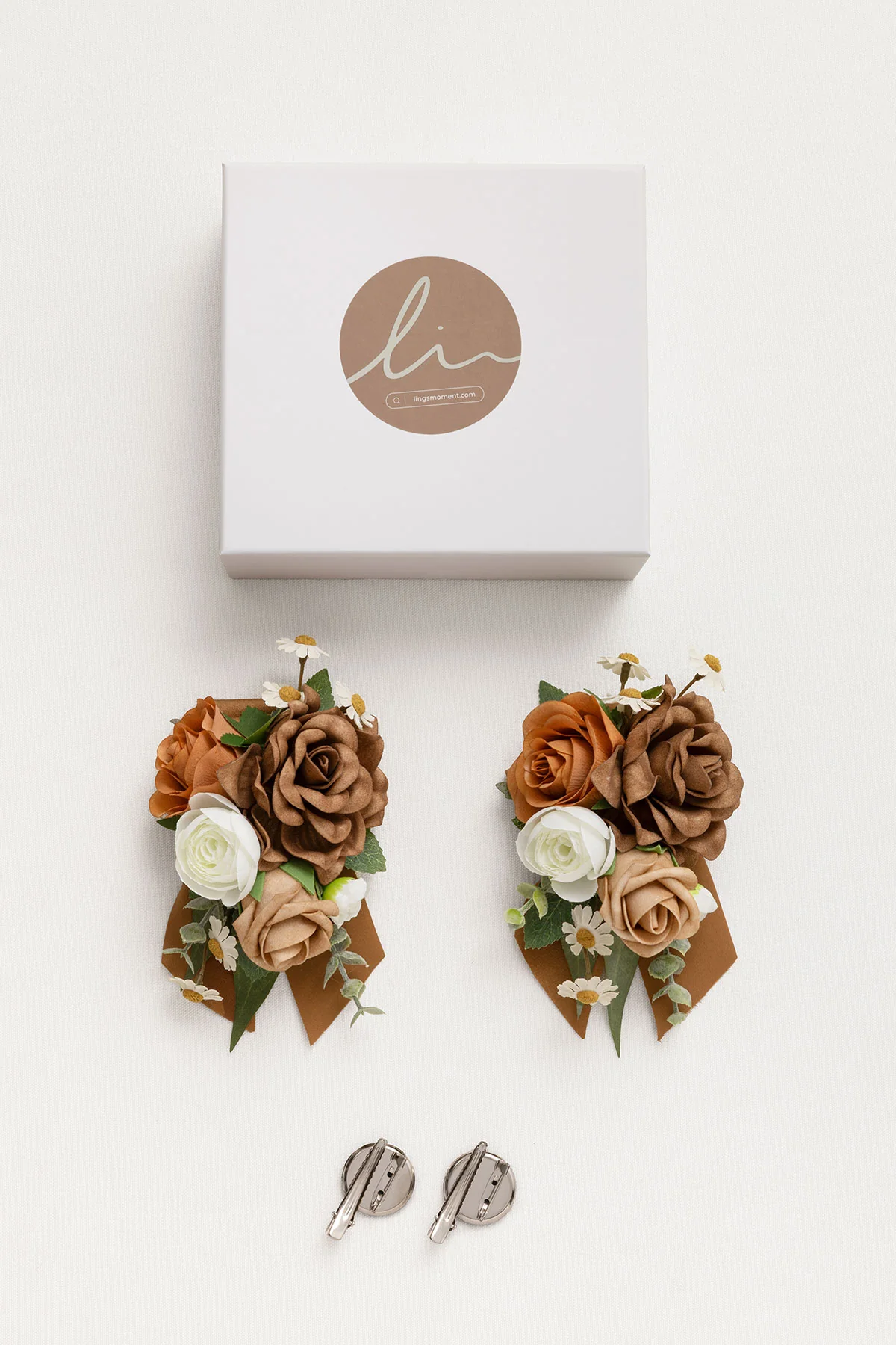Wrist and Shoulder Corsages in Earth Brown & Burnt Orange & Sand Beige (Set of 2) - Image 5