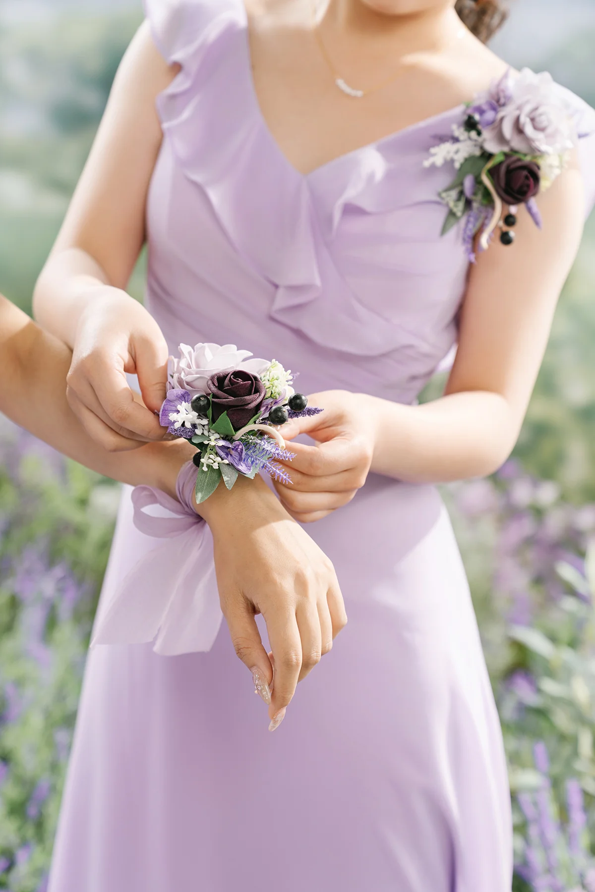 Wrist and Shoulder Corsages in French Lavender & Plum - Image 6