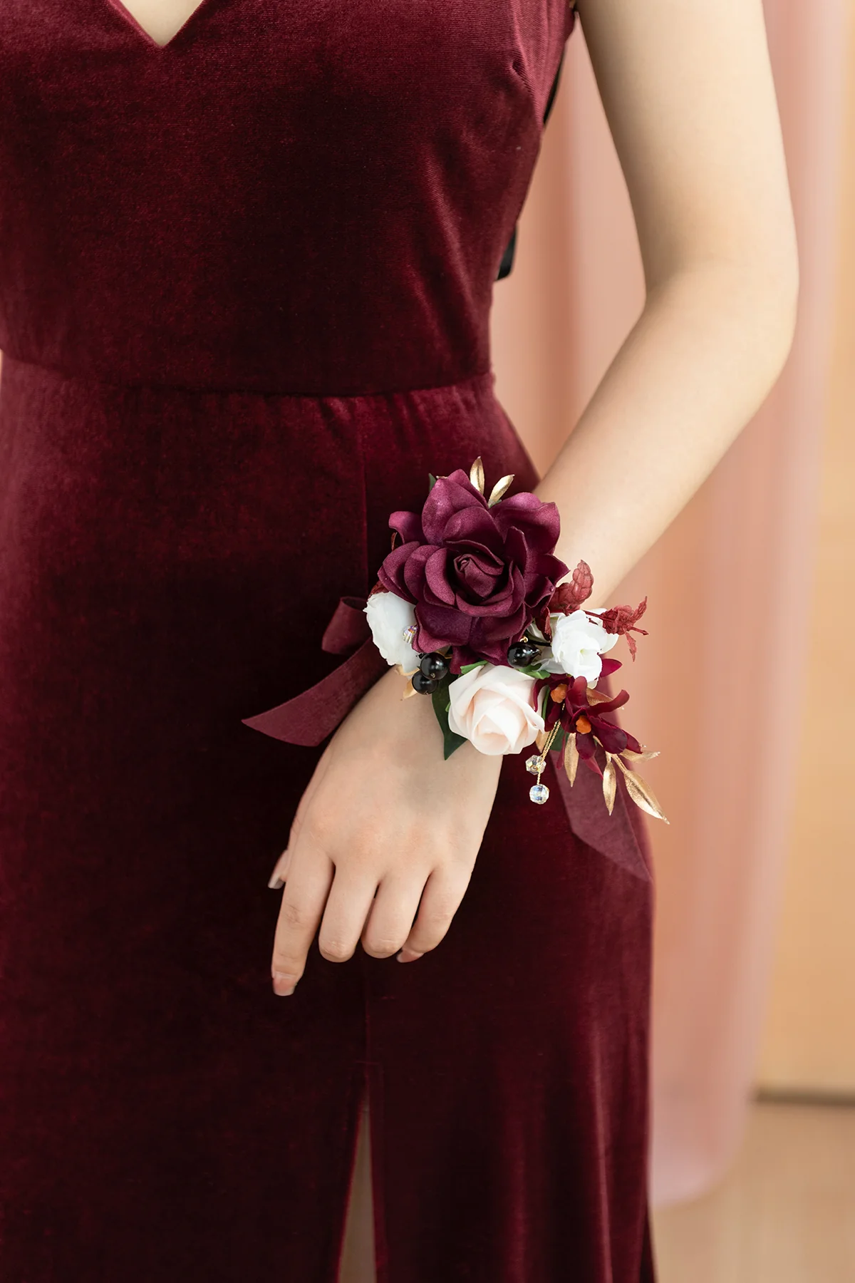 Wrist and Shoulder Corsages in Romantic Marsala - Image 4