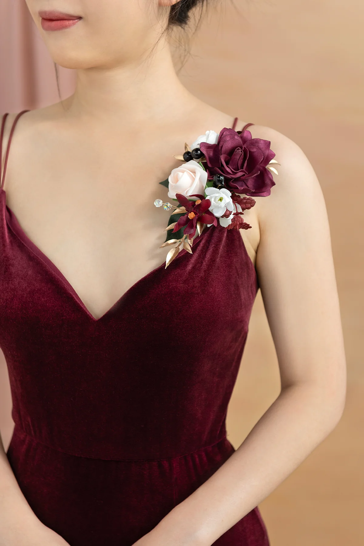 Wrist and Shoulder Corsages in Romantic Marsala - Image 5