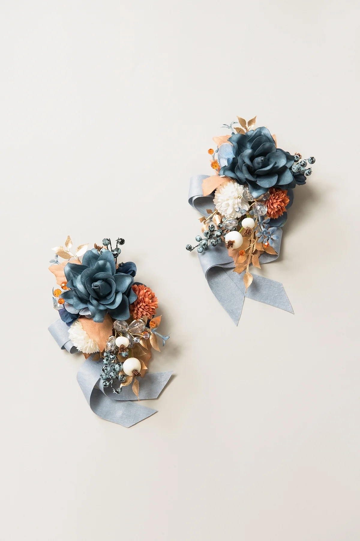 Wrist and Shoulder Corsages in Russet Orange & Denim Blue | Clearance