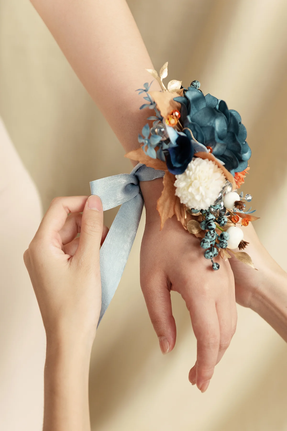 Wrist and Shoulder Corsages in Russet Orange & Denim Blue | Clearance - Image 7