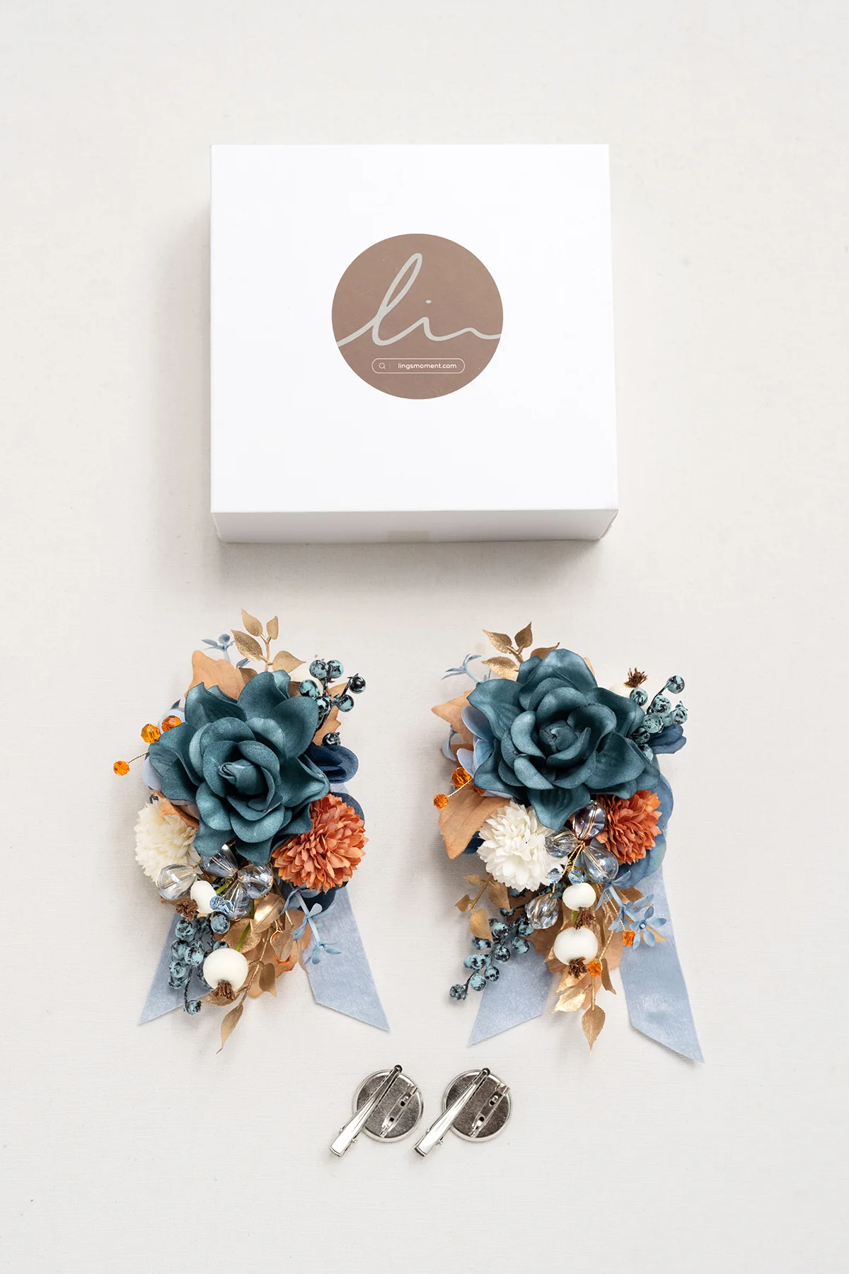 Wrist and Shoulder Corsages in Russet Orange & Denim Blue | Clearance - Image 8