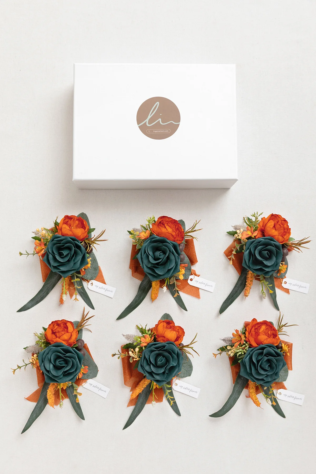 Wrist Corsages in Dark Teal & Burnt Orange - Image 5
