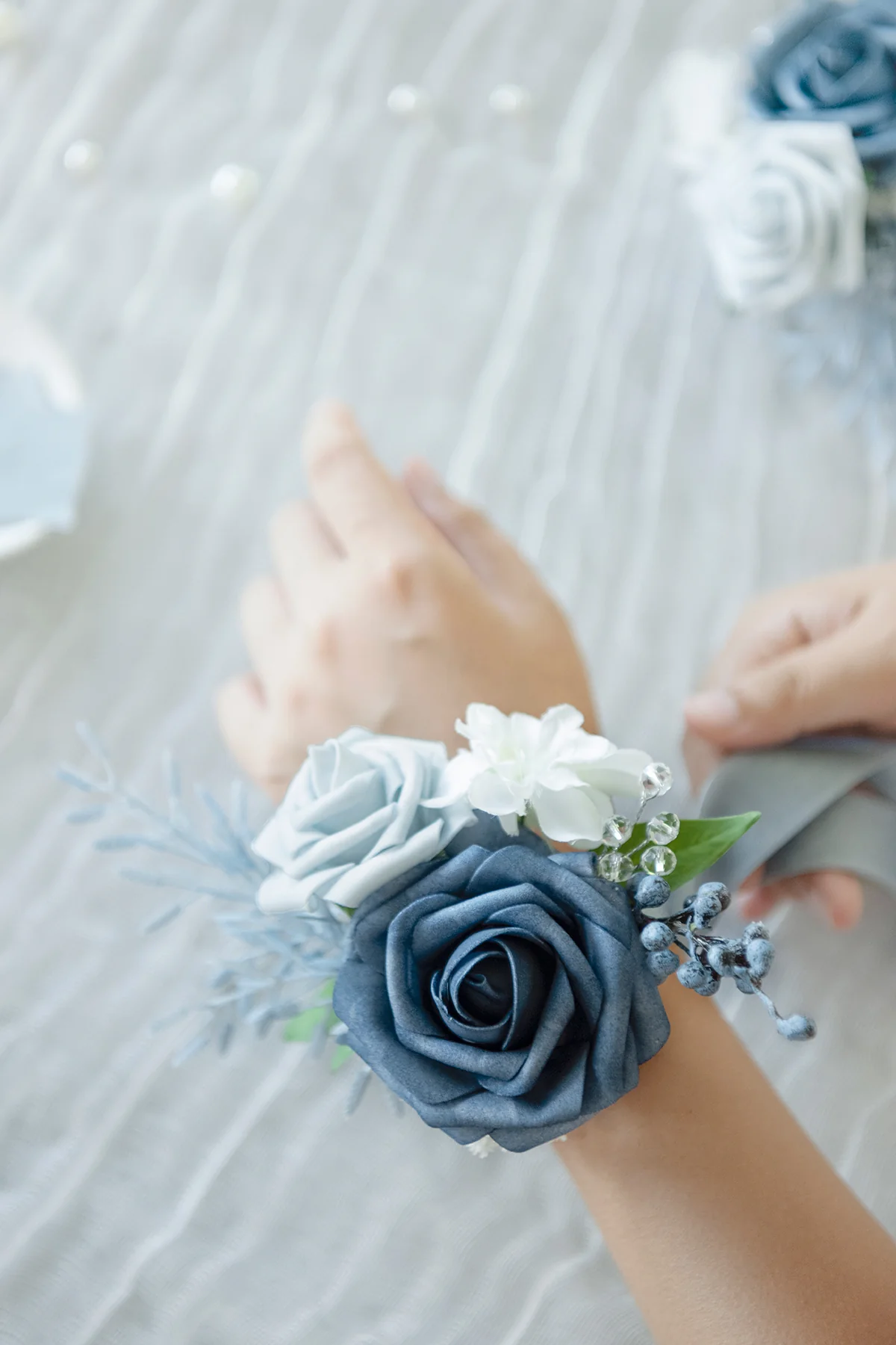 Wrist Corsages in Romantic Dusty Blue - Image 9
