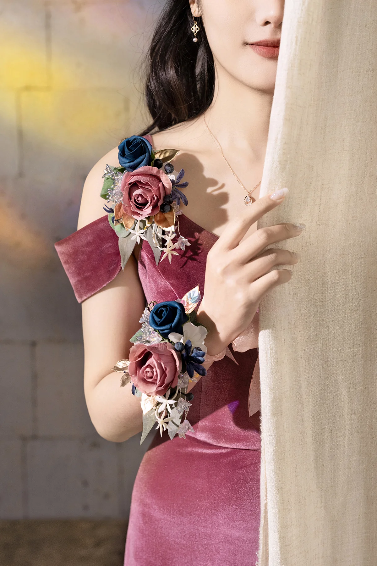 Flash Sale | Wrist Corsages & Shoulder Corsages in Dusty Rose & Navy Blue - Image 5